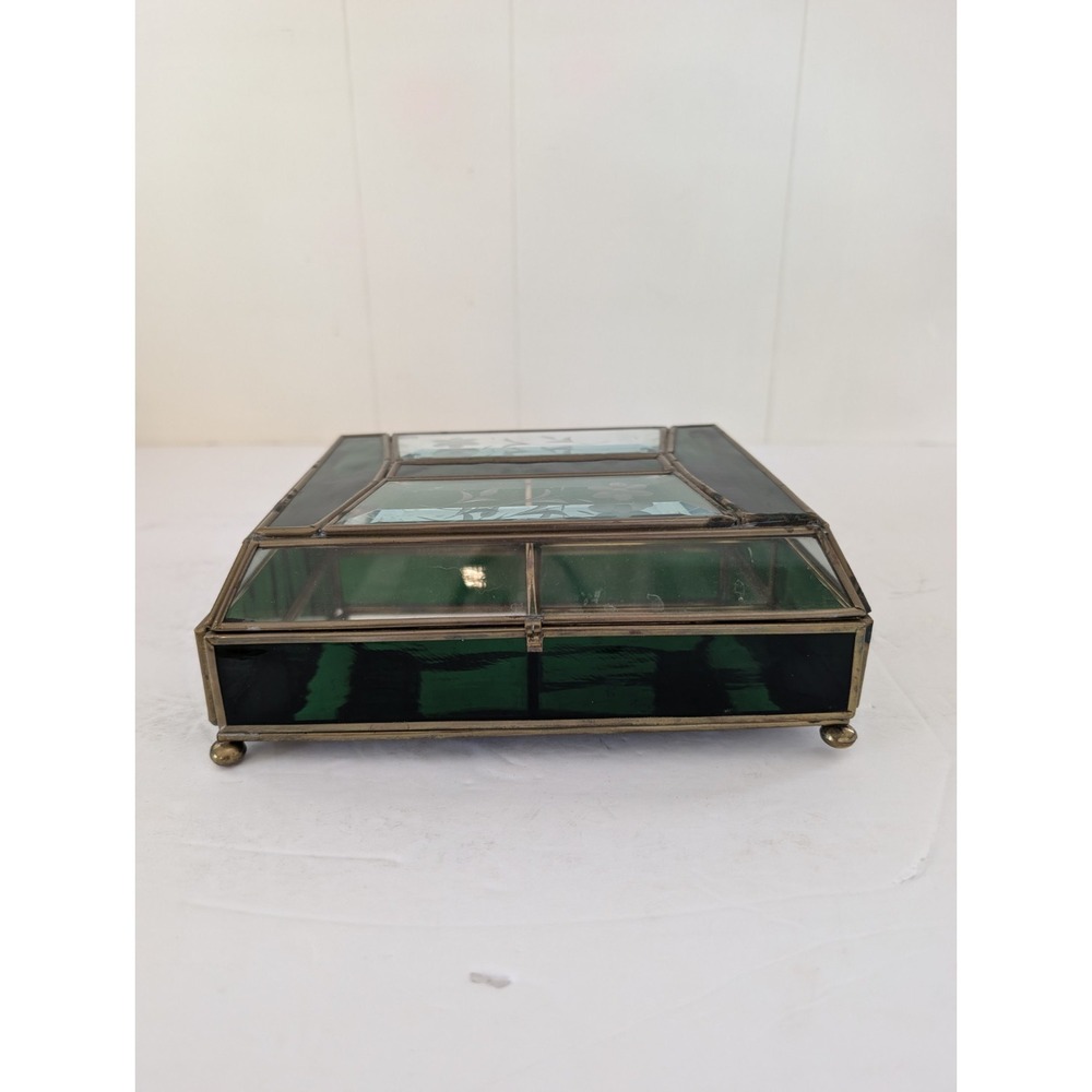 Jewelry Box Etched Floral Stained Glass Green Clear Vintage Glass Trinket FLAW - Picture 3 of 16